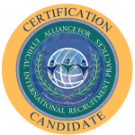 Seal for Ethical International Recruitment Practices Certification Candidate, featuring a globe encircled by olive branches with the text 'ALLIANCE FOR ETHICAL INTERNATIONAL RECRUITMENT PRACTICES' and 'A Division of CGFNS International, Inc.